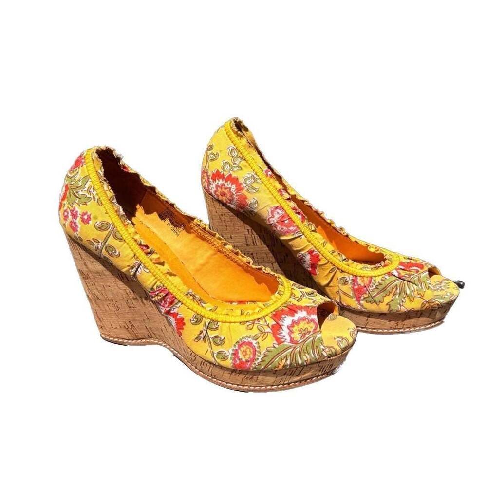 ZIGI girl Yellow Floral Cork Wedge Peep Toe Platforms Boho Whimsical
